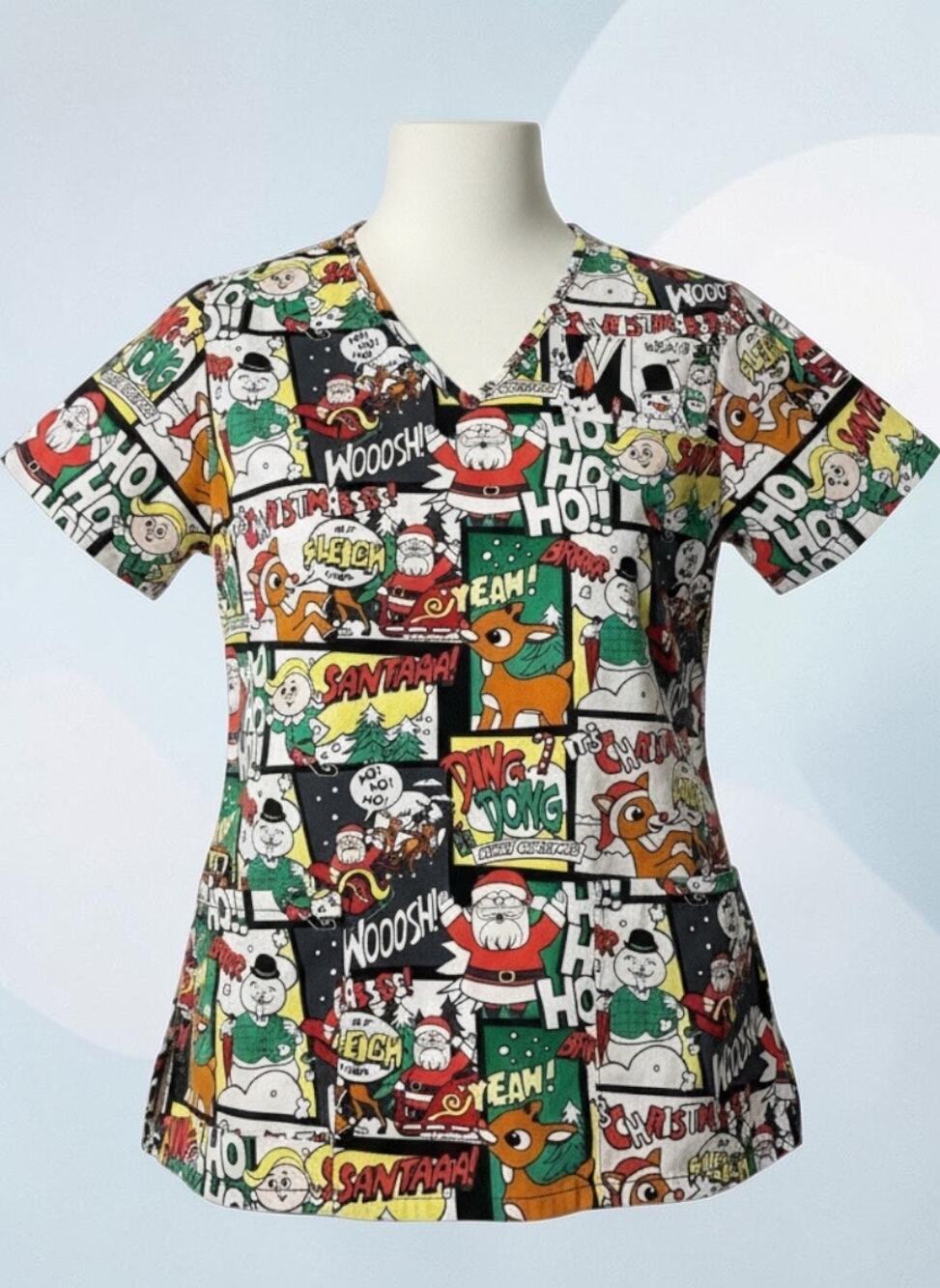 Rudolph Red Nosed Reindeer Christmas Scrub Top Comic Strip Holiday Womens XS